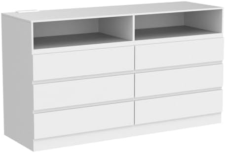 Gyfimoie White 6-Drawer Dresser for Bedroom w/Power Outlet and LED Light