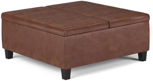 SIMPLIHOME Ellis 36" Wide Vegan Leather Storage Ottoman in Saddle Brown