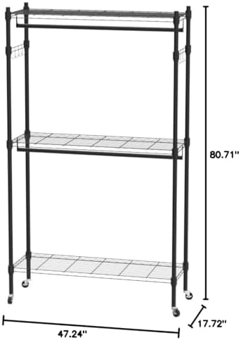 Homdox Double Rod Closet 3 Shelves Wire Shelving Clothing Rolling Rack Heavy ...