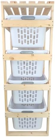 4 Tier Narrow Solid Wood Laundry Basket Storage Organizer