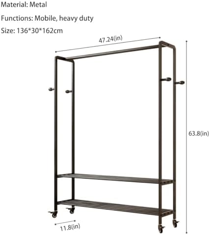 Black Rolling Garment Rack with Shelves and Hooks,Freestanding Metal Clothing...
