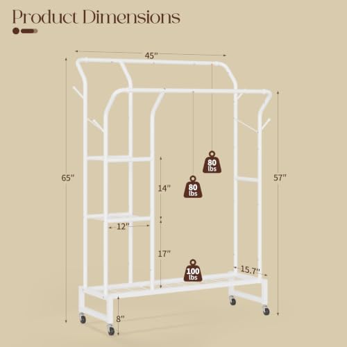 Yoobure Double Rods Clothes Rack - Portable Clothing Rack with Wheels, Rollin...