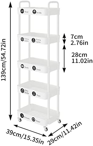 5 Tier Rolling Cart with Wheels, Utility Storage Carts,White