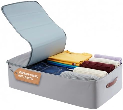 Under Bed Storage Container – Foldable Underbed Storage Bin for Clothes & Bedding, Premium Canvas Storage Box with Lid, Low Profile 8″ Organizer with Handles