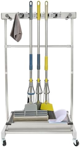 Rolling Mop Holder with Tray, 5 Mops & 12 Hooks, Grab Bar & Crossbar,...