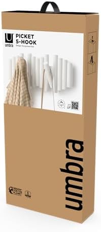 Umbra Picket Coat Rack, Wall Mount 5 Flip-Down Coat Hooks, White