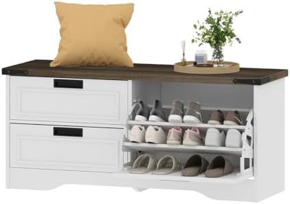 FATORRI Shoe Storage Bench with Flip Drawer, Wooden Entryway Bench, Modern Sh...