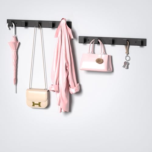 PMMASTO Stainless Steel Wall Coat Rack, Black- 5 Hooks, 2 Pack, L Shape