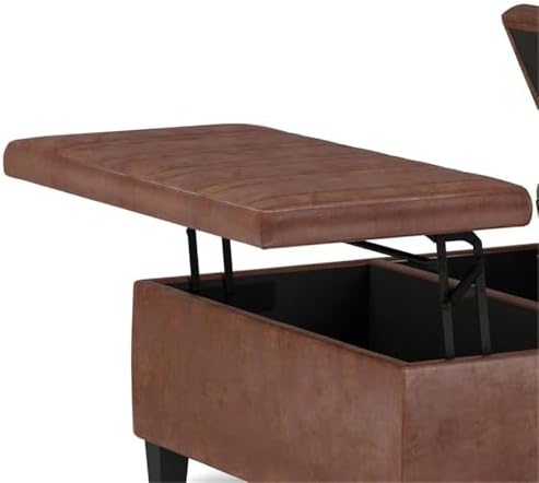 SIMPLIHOME Ellis 36" Wide Vegan Leather Storage Ottoman in Saddle Brown