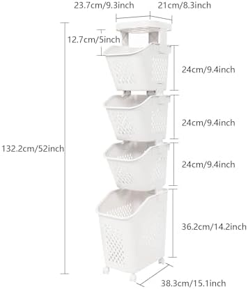 4-Tier Plastic Laundry Hamper Sorter with Wheels,Tiered Laundry Basket Organi...
