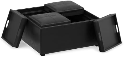 SIMPLIHOME Avalon 35" Wide Vegan Leather Square Storage Ottoman in Black