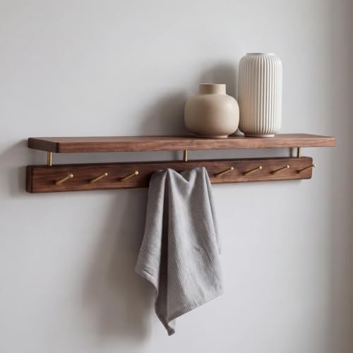 Walnut Wall Hooks with Shelf, Coat Rack Wall Mount, Entryway Hanging Shelf wi...