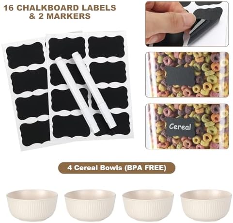 Cereal Dispenser Countertop with Cereal Bowls,16 Labels & Pen, Cereal Con...