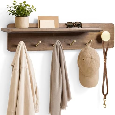 Coat Rack Wall Mount with Shelf, Solid Wood, 5 Brass Hooks, Brown
