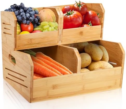 Noamus 2 Tier Bamboo Stackable Storage Bins, 4 Compartment Potato and Onion S...