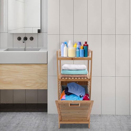 3-Tier Bamboo Tilt-Out Laundry Hamper, Pull-Out Dirty Clothes Storage Basket ...