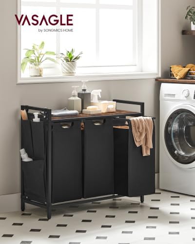 VASAGLE Laundry Hamper with Shelf, 3 Pull-Out Bags, 3 x 10.6 Gallons (40 L)