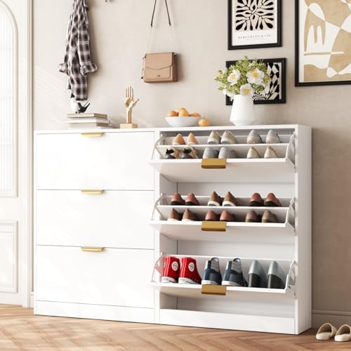 VOWNER Shoe Rack Cabinet with 3 Flip Drawers, Narrow Shoe Storage Cabinet wit...