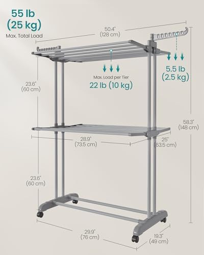 SONGMICS 3-Tier Clothes Drying Rack, Foldable, Rolling, 58.3-Inch Tall