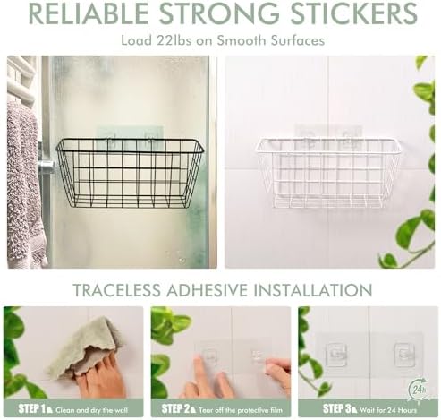Wire Hanging Wall Basket, 4 White Metal Baskets, Adhesive Cabinet Organizer