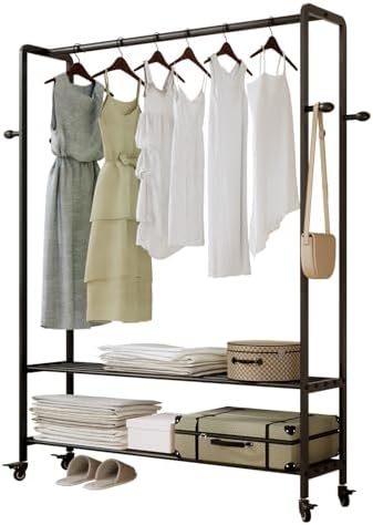 Black Rolling Garment Rack with Shelves and Hooks,Freestanding Metal Clothing...
