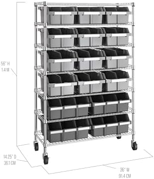 7-Tier NSF 16-Bin Steel Wire Shelving Rack, 36"W x 14"D x 56"H...