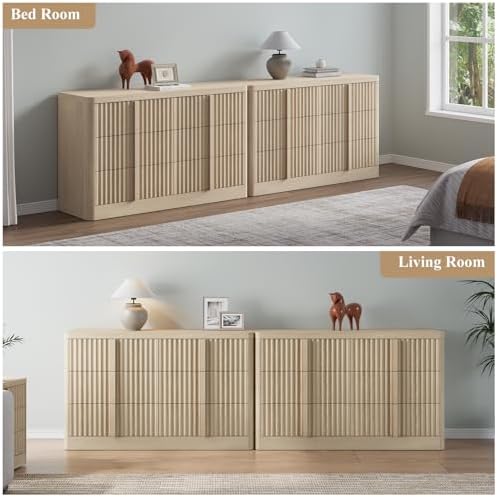 YANSNWO 47" Wide Fluted 6 Drawer Dresser for Bedroom, Natural Oak