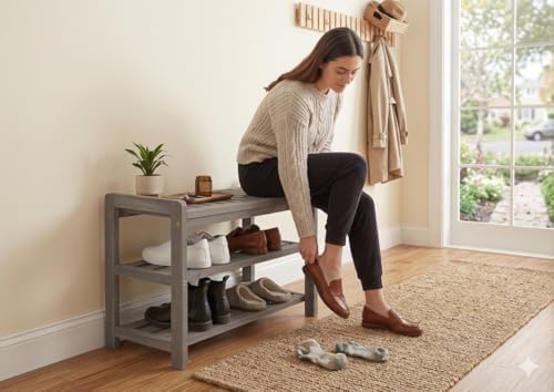 27-Inch 3-Tier Wooden Entryway Shoe Bench - Brush Grey