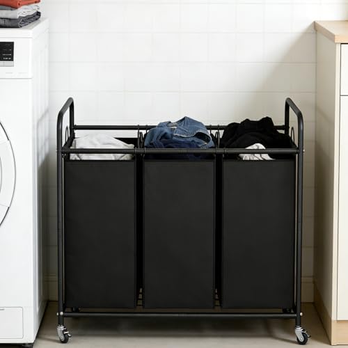 LINZINAR 3 Section Laundry Hamper Sorter, Black Laundry Basket with Wheels