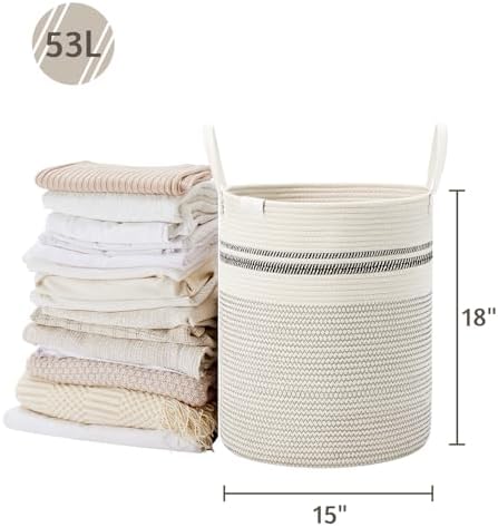 VIPOSCO 53L Tall Woven Rope Laundry Hamper, Leather Handles, Stripe White
