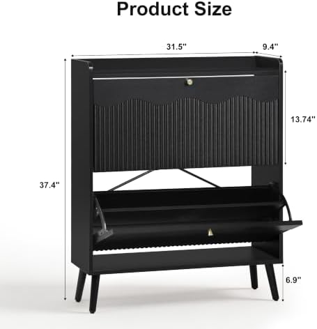 BERRYMERRY 31.5” Black Fluted Shoe Cabinet Storage with 2 Flip Drawers