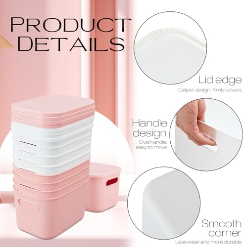 Hoolerry 8 Pieces Storage Bins, 9.8 x 7.1 x 6.3 Inch, White and Pink