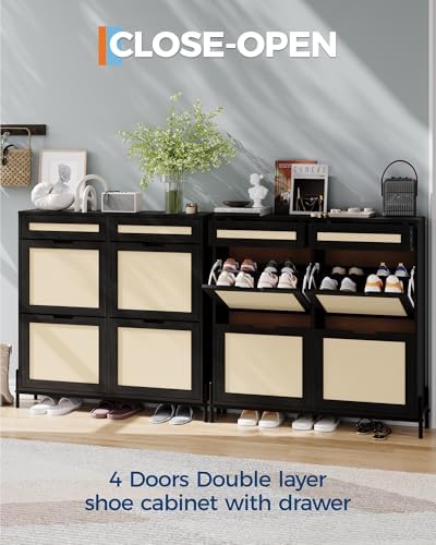 GarveeHome Rattan Shoe Cabinet Storage with 4 Flip Drawers & 2 Top Drawer...