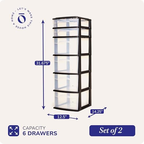 HOMZ 6 Drawer Storage Cart, Large Plastic Container, Black Frame, 2 Pack