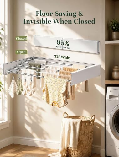 32'' Wall Mounted Clothes Drying Rack, Foldable & Collapsible Wal...