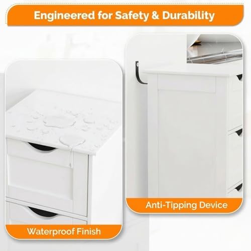 VINGLI White Bathroom Storage Cabinet with 4 Drawers Wooden Freestanding Slim...