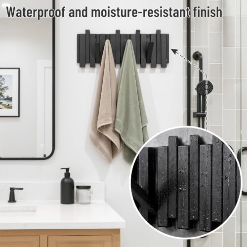 Wall Coat Rack for Entryway: Folding Wood 8 Hooks for Small Space