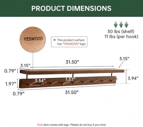 Walnut Wall Hooks with Shelf, Coat Rack Wall Mount, Entryway Hanging Shelf wi...