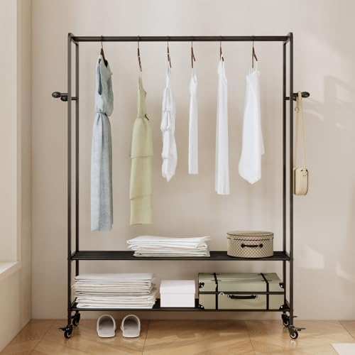 Black Rolling Garment Rack with Shelves and Hooks,Freestanding Metal Clothing...