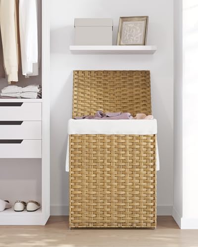 SONGMICS Laundry Hamper with Lid, 23.8 Gal (90 L) Synthetic Rattan,Foldable