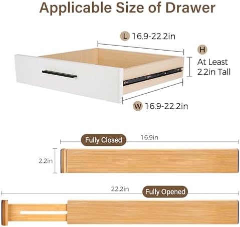 Adjustable Bamboo Drawer Dividers of 8, Expandable Organizers (16.9"-22....