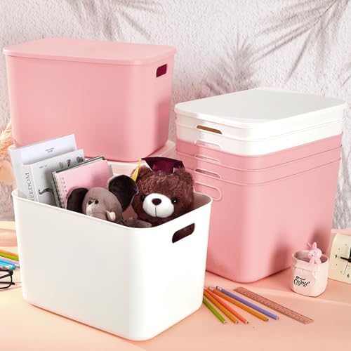 Hoolerry 8 Pieces Storage Bins, 14.2 x 10.2 x 9.5 Inch, White and Pink