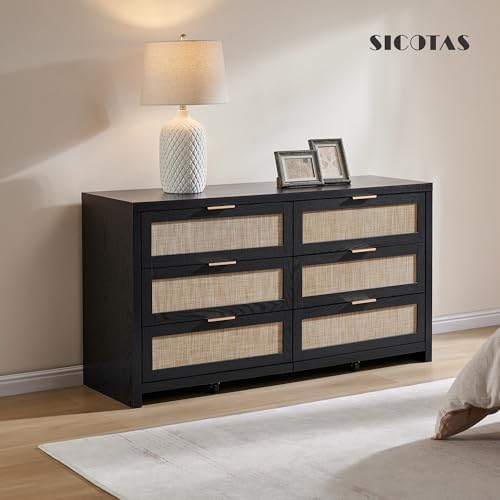 SICOTAS Rattan Dresser for Bedroom, 57" Wide 6 Drawer Dresser