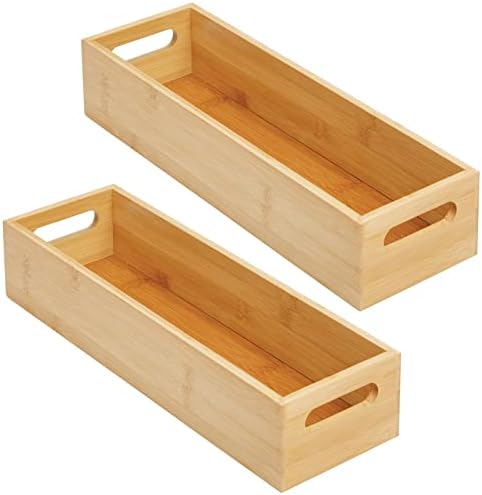 mDesign Set of 2 Kitchen Storage Box – Open-Top Bamboo Storage Tray with Hand...