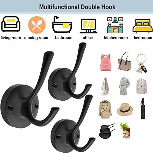 TOFIIGREM Black Wall Hooks, 6 Pack Coat Towel Hook Heavy Duty Metal Double Ba...