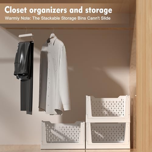 Stackable Plastic Storage Basket, 3 Pack Foldable Closet Organizers and Stora...