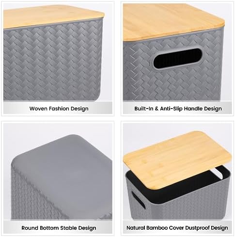 Ohmlove 4 Pack Storage Bins with Bamboo Lids,Stackable Box for Organization
