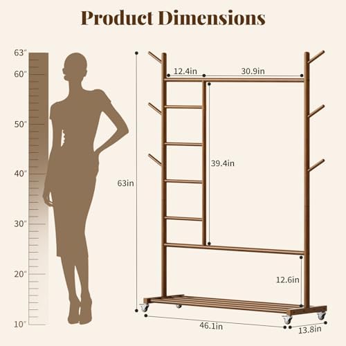 Yoobure Solid Wood Clothing Rack, 4-in-1 Wooden Clothes Rack with Wheels