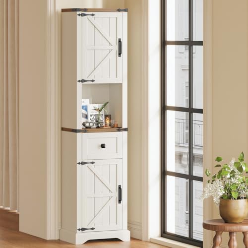 66" Tall Farmhouse Bathroom Storage Cabinet with Barn Doors,Unique White