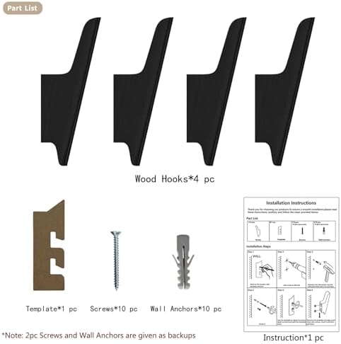 Wood Wall Hooks 4 Pack Coat Hooks Wall Mount, Towel Hooks for Bathrooms